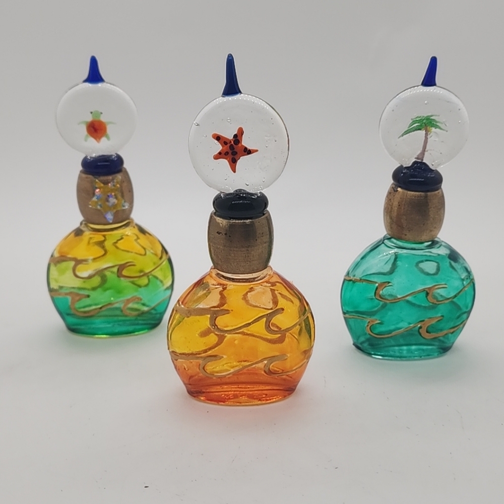 Murano? 3-pc lot Art Glass Perfume Bottles Turtle  Starfish & Palm tree Gold top